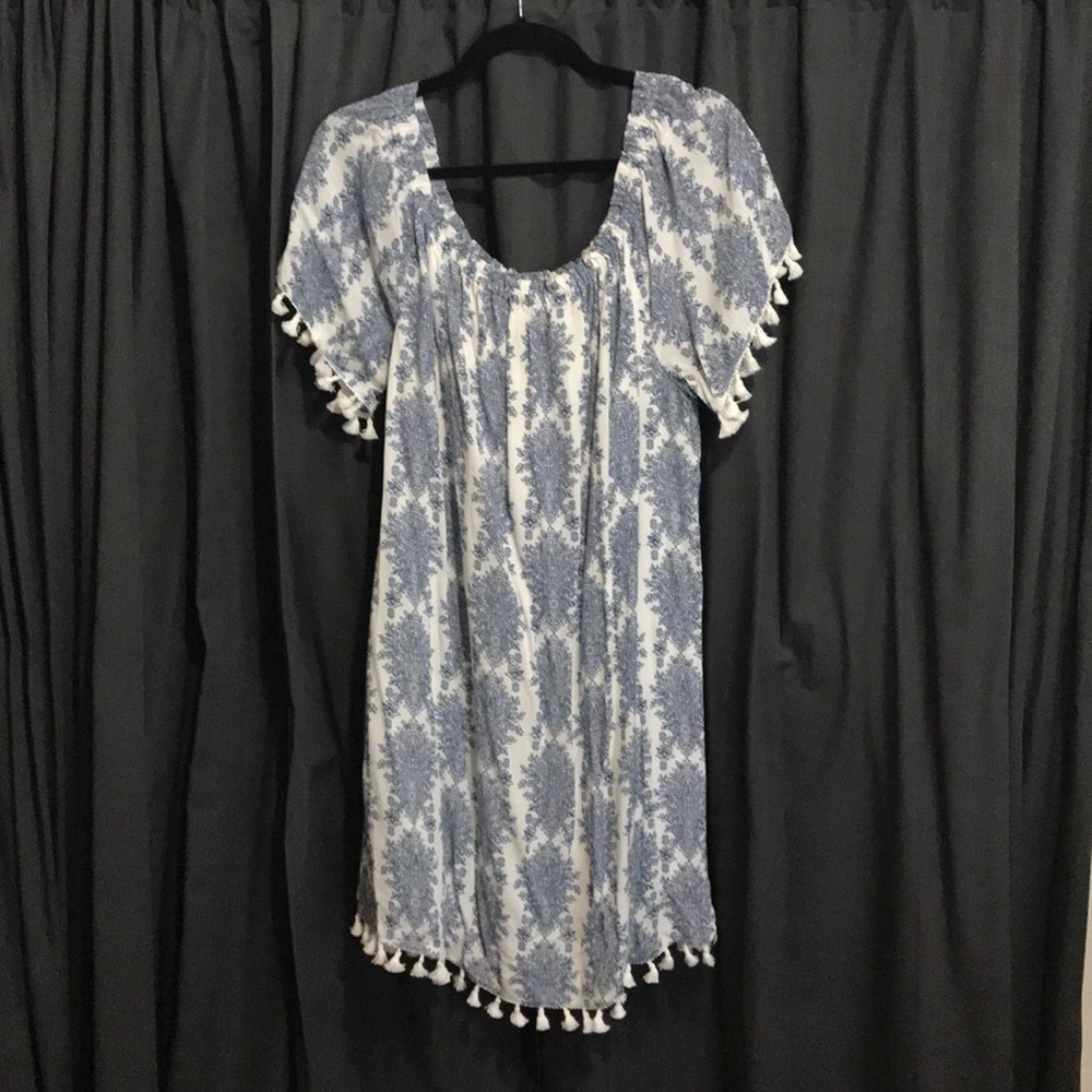 Blue and white floral off the shoulder dress